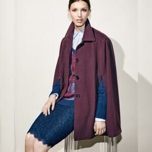 Helene Berman London Cape Coat Wool Cashmere Buttoned Maroon Burgundy XS